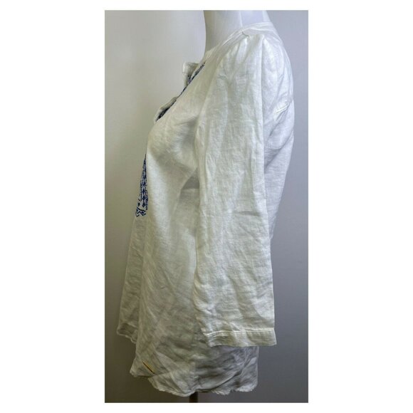 Ellen Tracy White Blue Print Linen Tunic Top Size XS Pullover Embroidered - Picture 2 of 8
